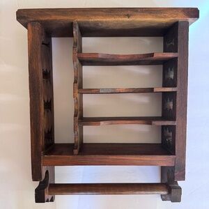 Vtg Handcrafted Wood Hanging Organize 5 Shelves Cutout Towel Rod Rustic Cottage